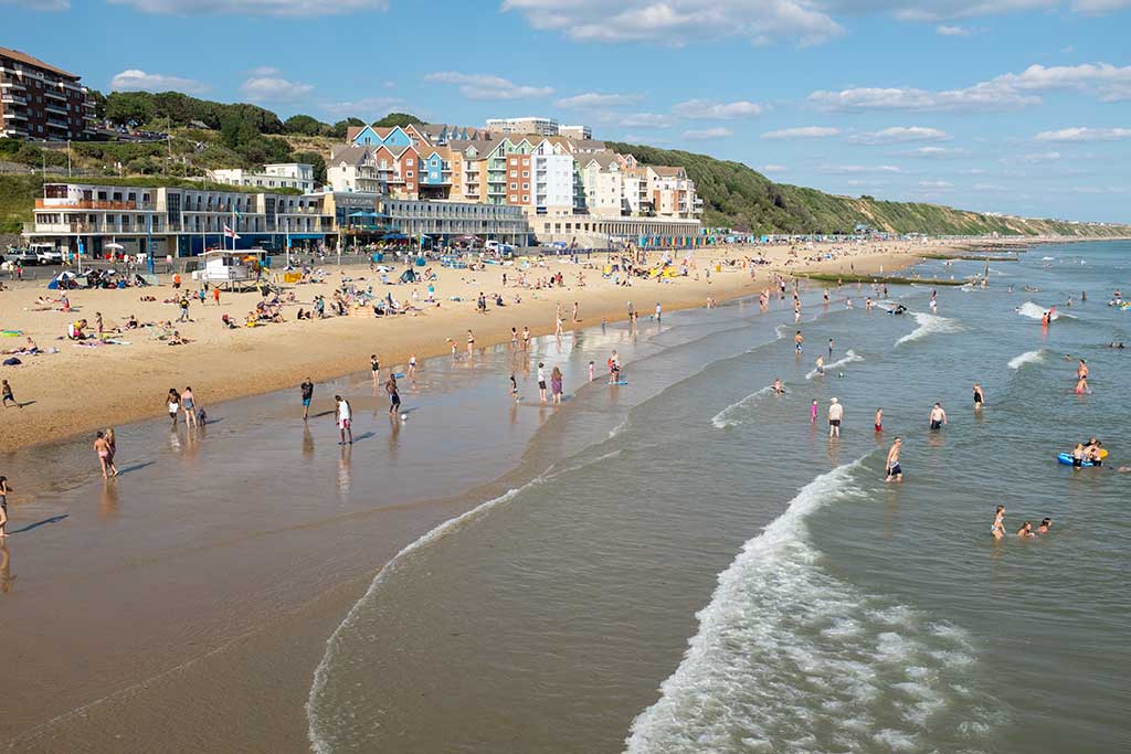 view along Boscombe beach looking east. The Overstrand in clearly visible