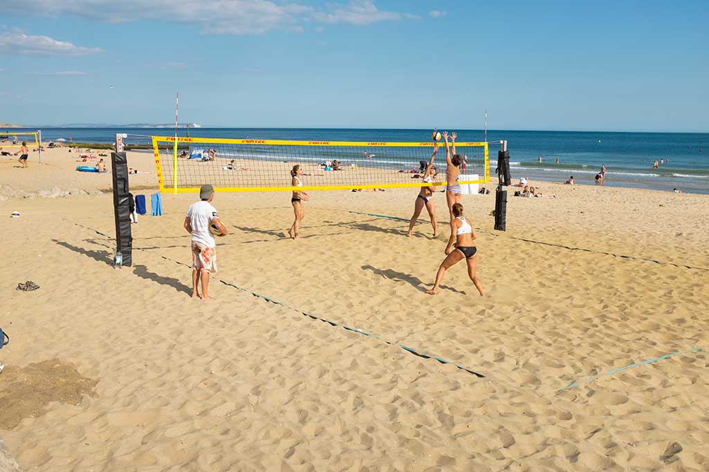 Volleyball nets set up along the beach