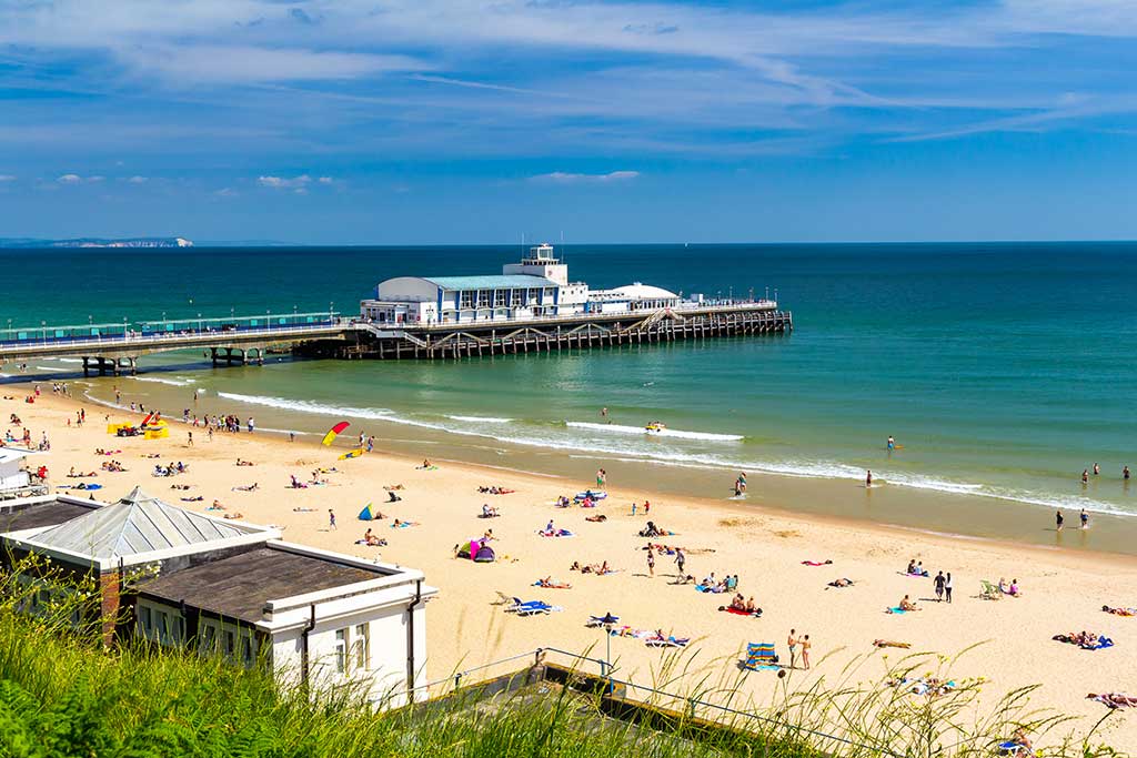 Bournemouth Pier and West Beach on a sunny day taken from the West Cliff.