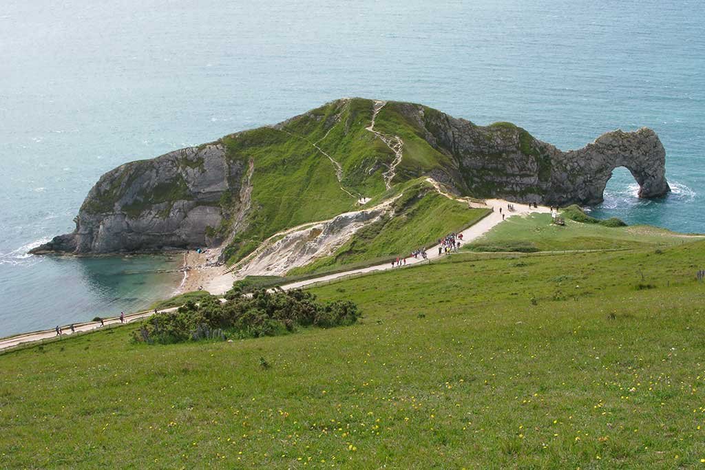 A view of the headland from the car park. Man O War Bay is on the left of the headland whilst Durdle Door is on the right.