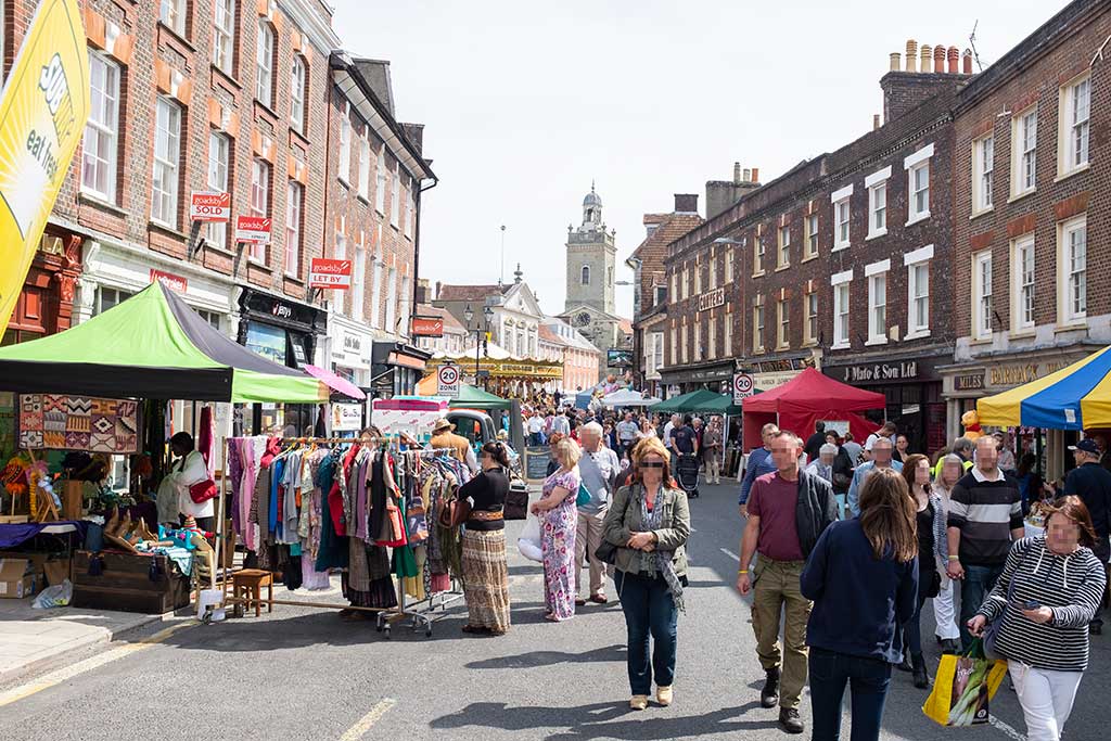 Blandford Georgian Fayre taking place in West Street looking towards Market Place
