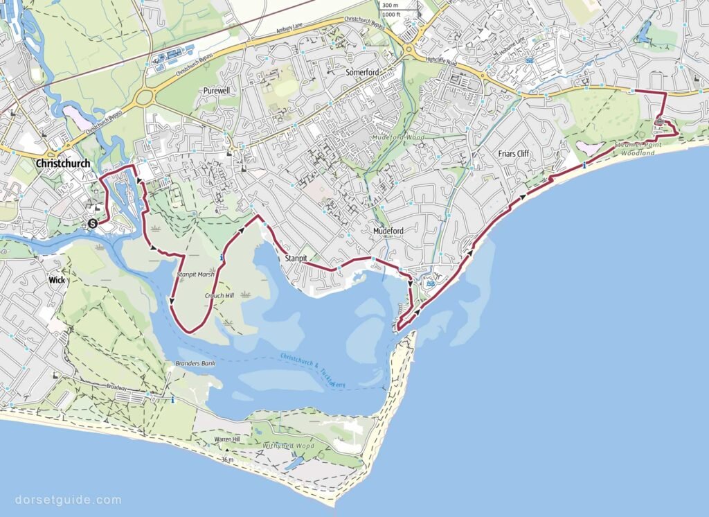 Christchurch Quay to Highcliffe Castle Walk Map