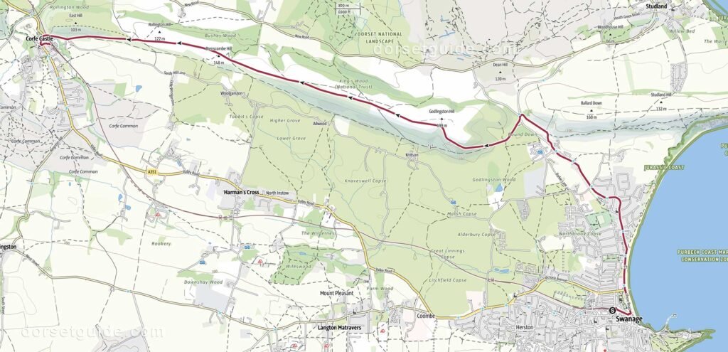 Swanage to Corfe Castle Walk Map