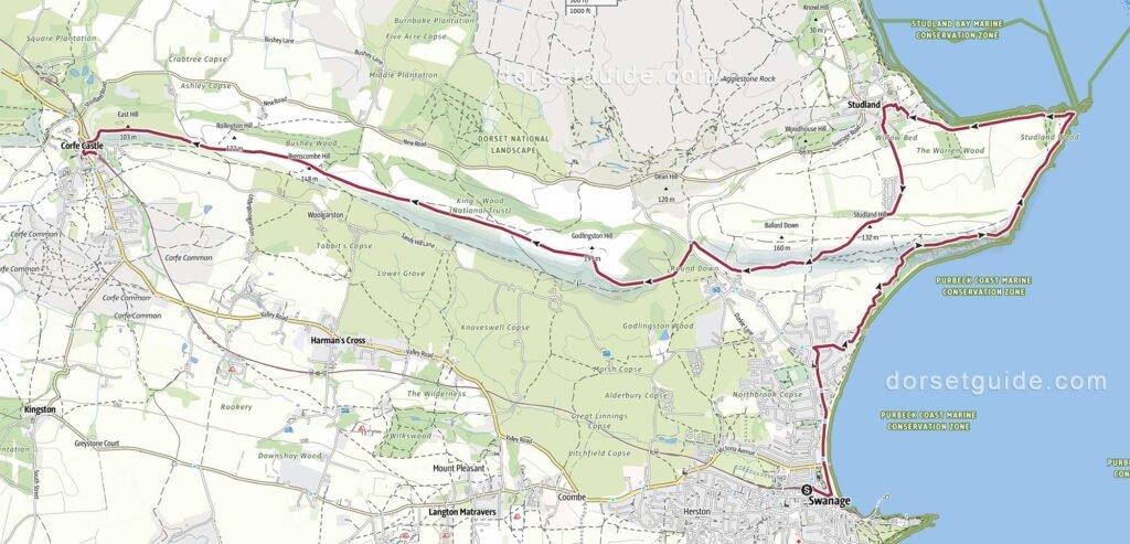 Swanage to Old Harry Rocks and Corfe Castle Walk Map