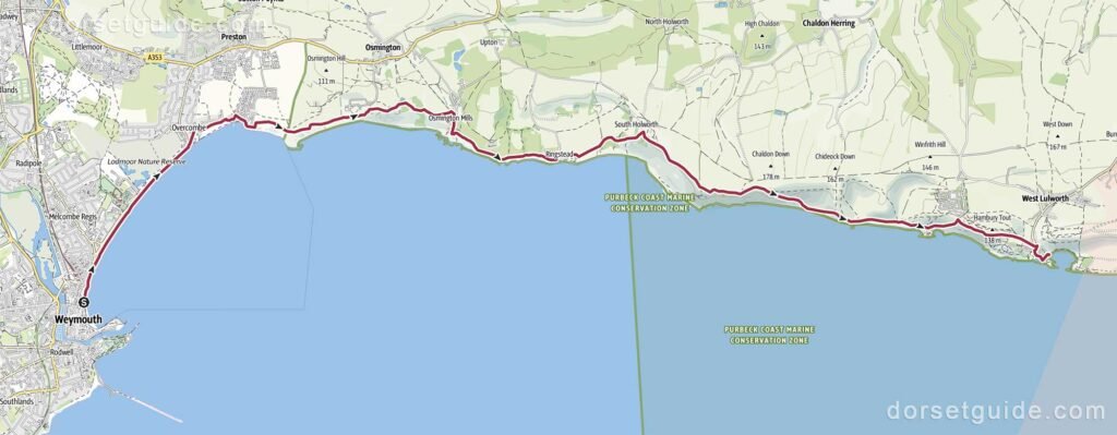 Weymouth to Lulworth Cove Walk Map